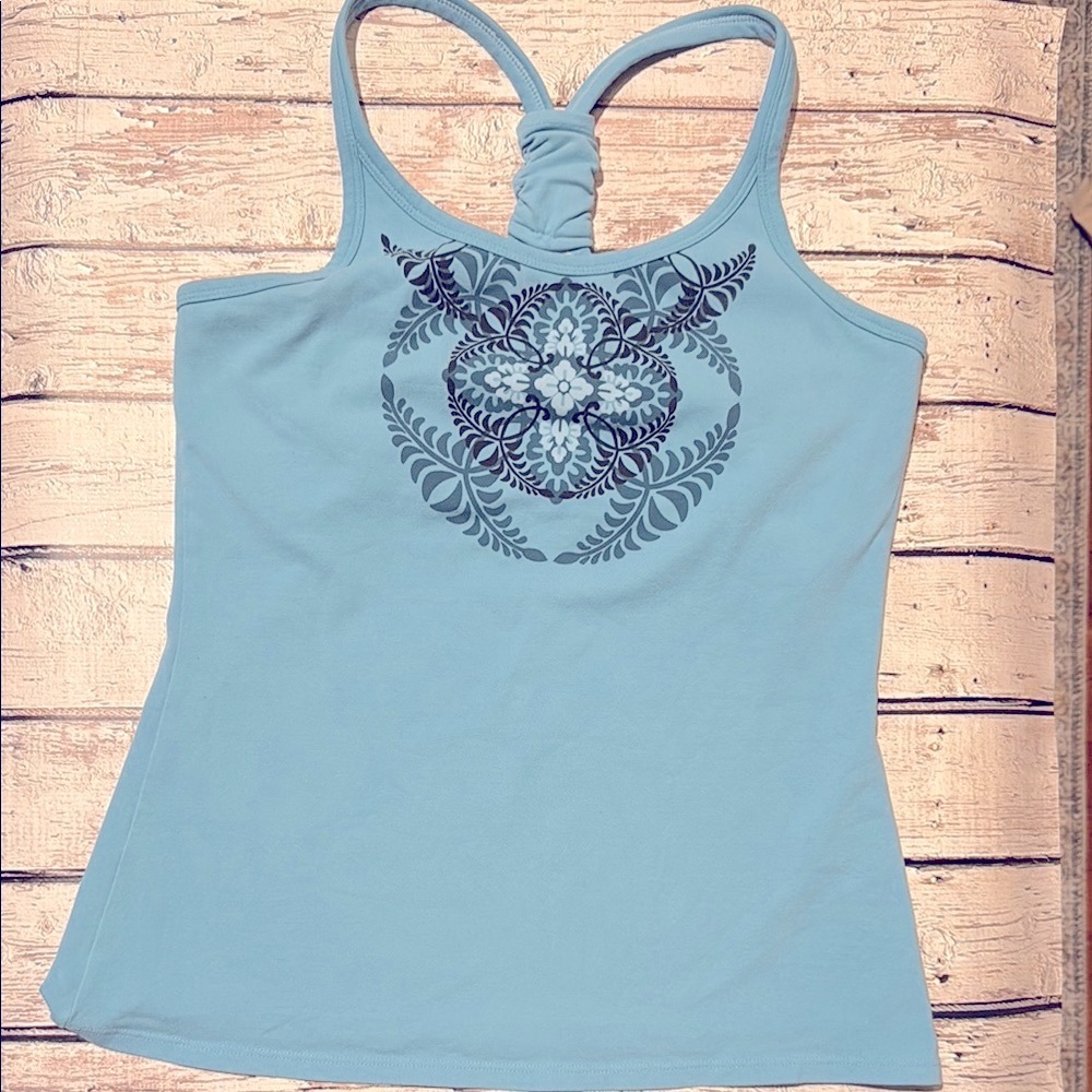 Athleta Blue Fitted Muscle Tee with Graphic Design